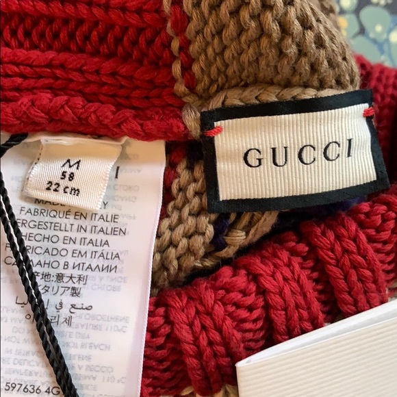 Gucci GG Monogram Dark Beige Red Cotton Beenie - Picture 11 of 12